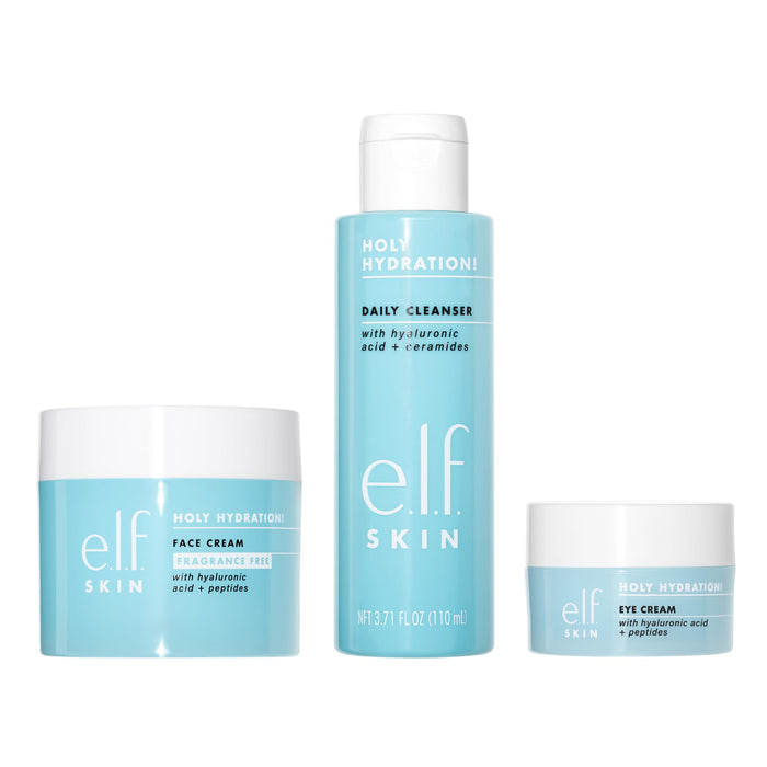 elf SKIN Holy Hydration! Trio, lot de 3, comprend une crème pour le visage sans parfum, un nettoyant quotidien et une crème pour les yeux