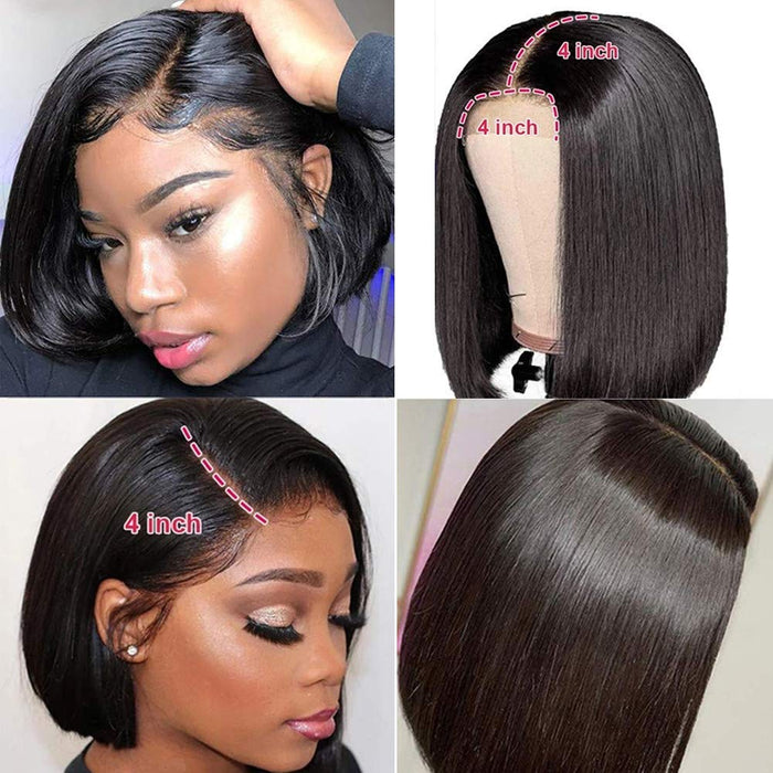 4X4 Straight Short Bob Wig With Baby Hair Transparent Lace Front Wig Pre Plucked Hairline Natural Black Brazilian Virgin Human Hair Glueless 150 Density Closure Wigs For Black Women