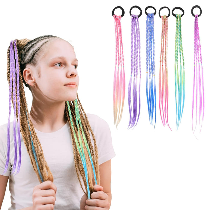 Colored Hair Extensions for Kids, 6 Pieces Colorful Braided Pony Tails Hair Extensions Synthetic Rubber Bands Hairpieces Wigs Ponytail Headbands Hair Accessories for Women Girls