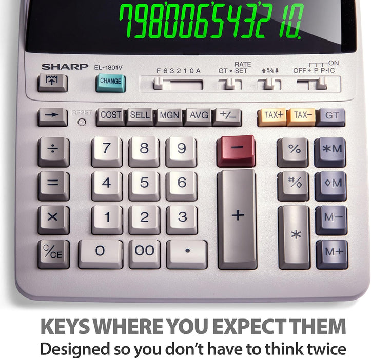 Sharp EL-1801V Ink Printing Calculator, 12-Digit LCD, AC Powered, Off-White, Ideal for Business & Office Use, Easy-to-Read Display & Durable Design