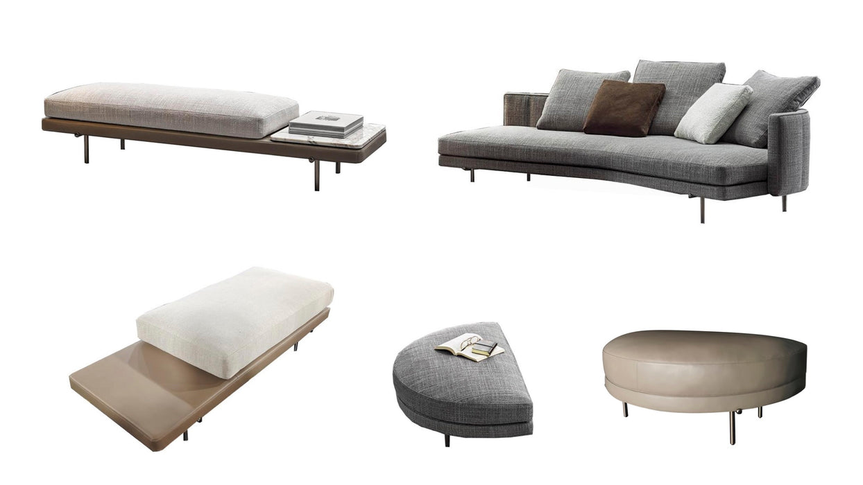 Modern furniture set including a sofa, ottoman, and bench