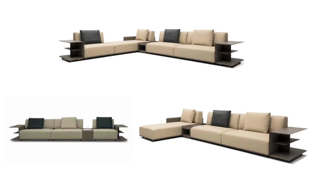 Italian Minimalist Style High-End Red Oak Dark Leather Large Corner Sofa