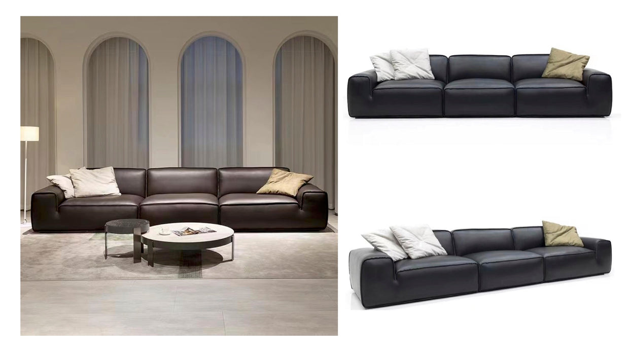 Italian Minimalist Summer Picture Full Leather Sofa Large Black Cow Straight Row Villa Tofu Blocks Large Flat Living Room Sofa