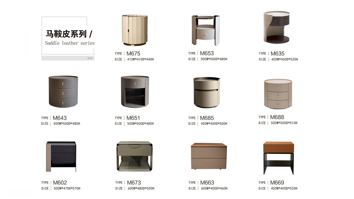 Italian Saddle Leather Round Solid Wood Bedside Table Home Bedroom Minimalist Bedside Cabinet with Storage Accent Tables