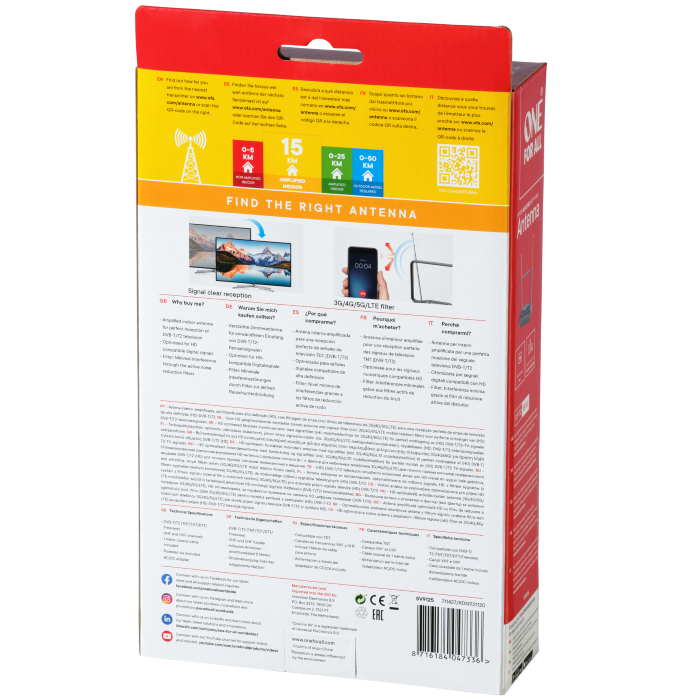 Antena digital One For All para interiores, amplificada hasta 36 dB de ganancia, alcance de hasta 5 km