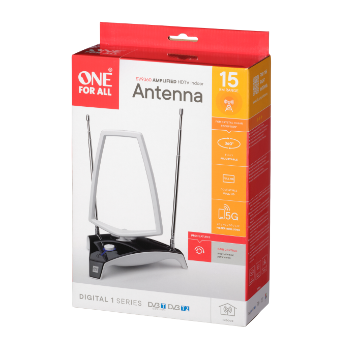 Antena digital One For All para interiores, amplificada hasta 45 dB de ganancia, alcance hasta 15 km