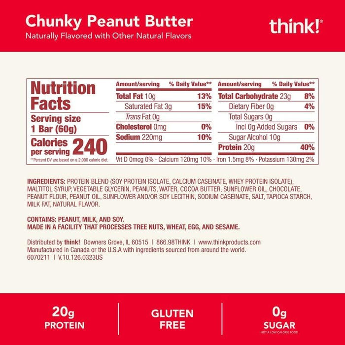 think! Protein Bars, High Protein Snacks, Gluten Free, Kosher Friendly, Chunky Peanut Butter, Nutrition Bars, 2.1 Oz per Bar, 10 Count