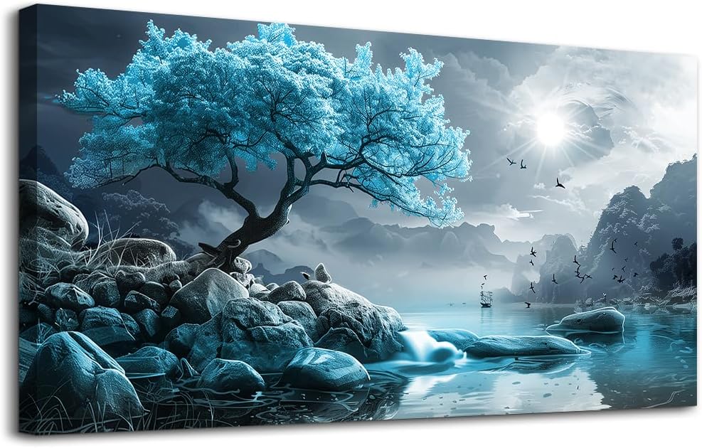KELIYUAN Canvas Wall Art For Living Room Bedroom Wall Decor Black And White Landscape Pictures Blue Tree Wall Painting Modern Home Decoration For Room Office Works Framed Canvas Art Prints 20x40in