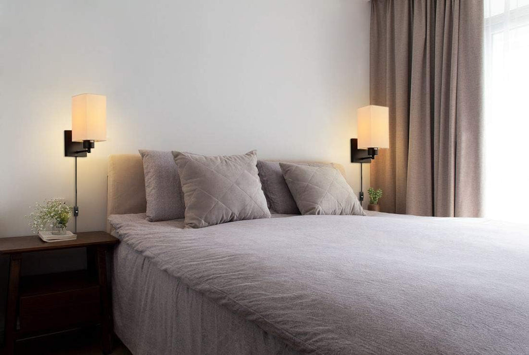 KOONTING Plug in Wall Sconce Set of 2, Rustic Wall Lamp with Plug-in Cord and On/Off Toggle Switch, Beige Fabric Shade Wall Light Fixture for Headboard Bedroom Living Room Hallway