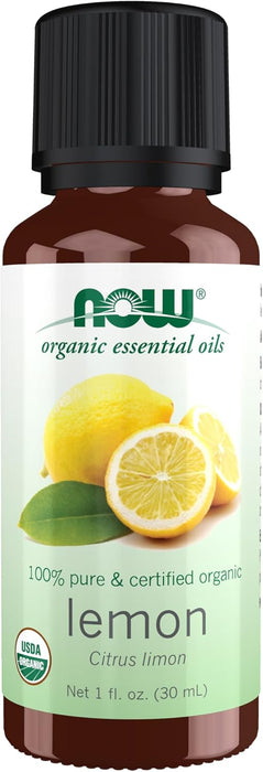 NOW Essential Oils, Organic Lemon Oil, Cheerful Aromatherapy Scent, Cold Pressed, 100% Pure, Vegan, Child Resistant Cap, 1-Ounce