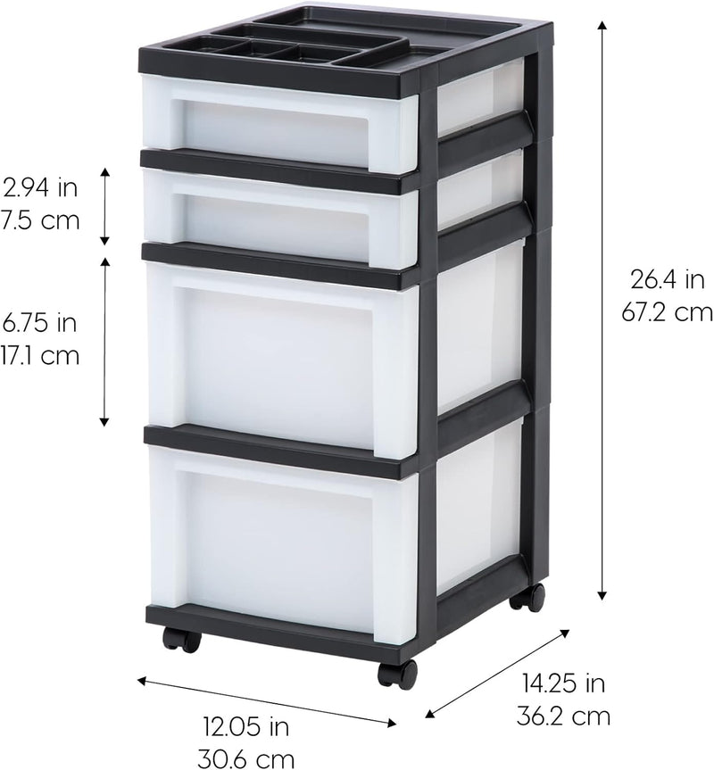 IRIS USA Plastic Drawer Storage Organizer Rolling Cart, with Wheels Casters, 4-Drawers, for Classroom Art Craft Supplies Dresser Closet Bathroom Laundry Room, Black/Pearl