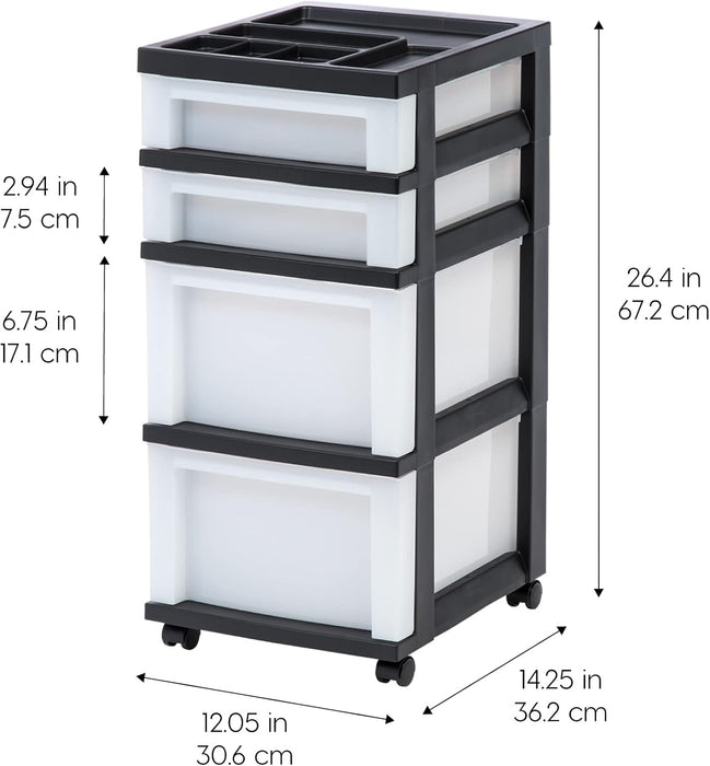 IRIS USA Plastic Drawer Storage Organizer Rolling Cart, with Wheels Casters, 4-Drawers, for Classroom Art Craft Supplies Dresser Closet Bathroom Laundry Room, Black/Pearl