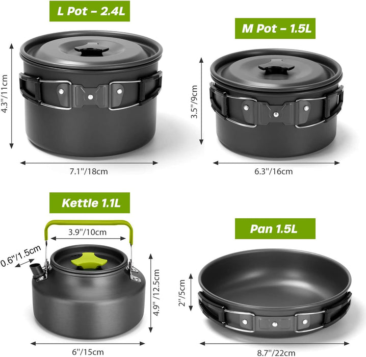 Odoland 29pcs Camping Cookware Mess Kit, Non-Stick Lightweight Pots Pan Kettle, Collapsible Water Container and Bucket, Stainless Steel Cups Plates Forks Knives Spoons for Outdoor Backpacking Picnic