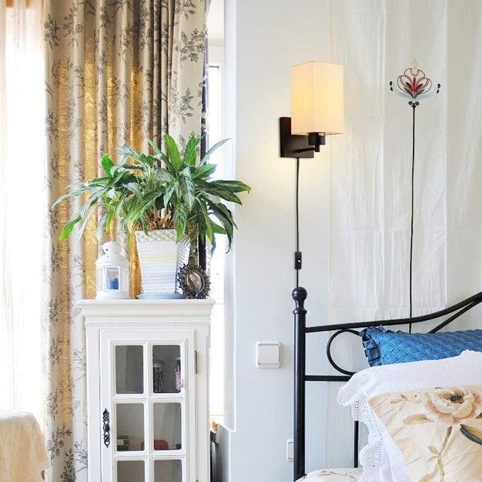 KOONTING Plug in Wall Sconce Set of 2, Rustic Wall Lamp with Plug-in Cord and On/Off Toggle Switch, Beige Fabric Shade Wall Light Fixture for Headboard Bedroom Living Room Hallway