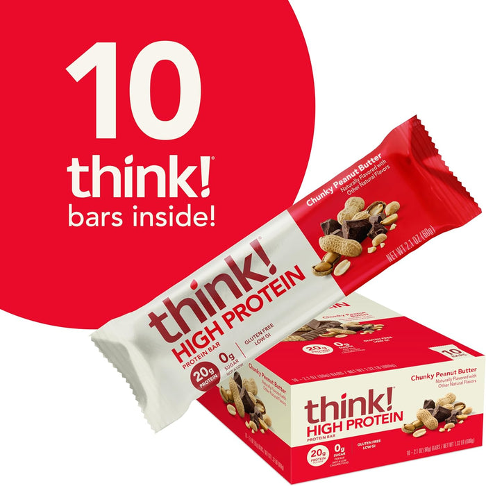 think! Protein Bars, High Protein Snacks, Gluten Free, Kosher Friendly, Chunky Peanut Butter, Nutrition Bars, 2.1 Oz per Bar, 10 Count
