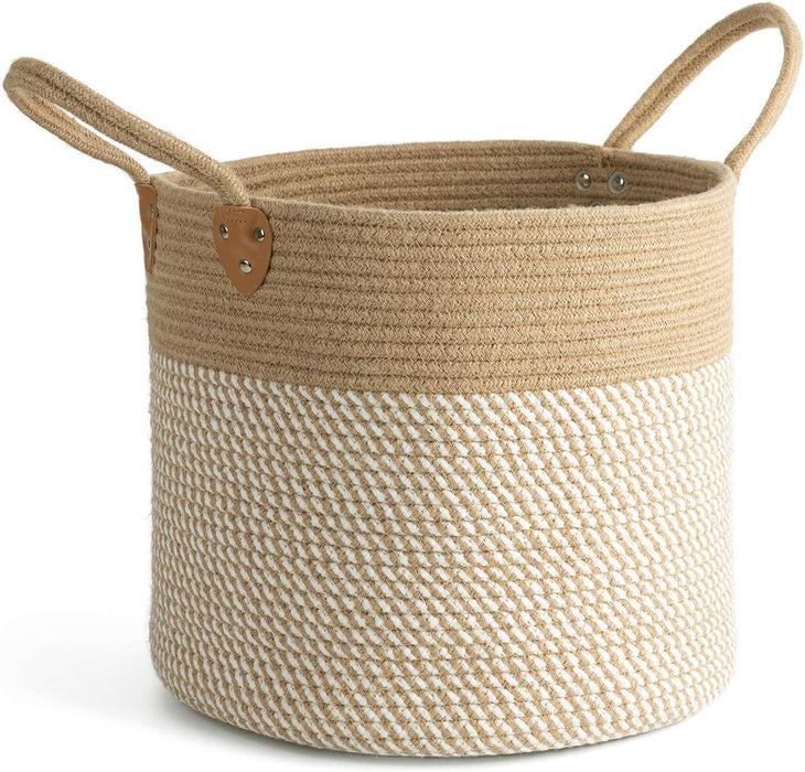 CHICVITA Large Wicker Jute Woven Storage Basket with Handles – Blanket Laundry Basket for Toys Towels Home Decor, White, 14" x 14" x 12"