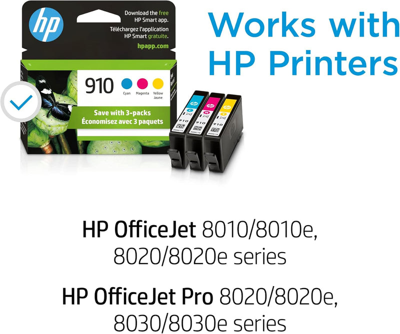 HP 910 Cyan, Magenta, Yellow Ink Cartridges for HP Printers (3-pack) | Works with Printer Series: OfficeJet 8010, 8020 Series, OfficeJet Pro 8020, 8030 | Eligible for Instant Ink | 3YN97AN