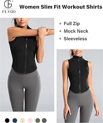 Flygo Women's Full Zip Sleeveless Workout Yoga Active Jacket Vest Golf Shirts
