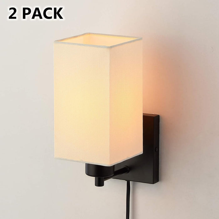 KOONTING Plug in Wall Sconce Set of 2, Rustic Wall Lamp with Plug-in Cord and On/Off Toggle Switch, Beige Fabric Shade Wall Light Fixture for Headboard Bedroom Living Room Hallway