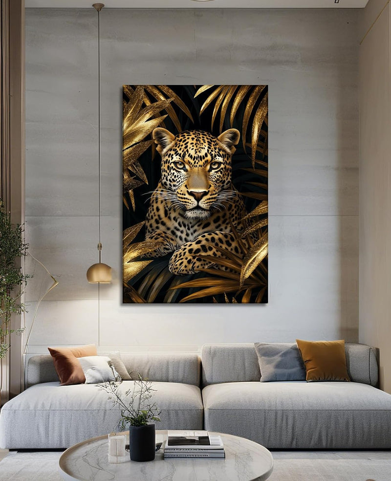 Leopard Canvas Wall Art Gold Leaves Picture Black Poster African Theme Jungle Animal Painting Prints for Living Room Bathroom Bedroom Modern Home Office Decor Framed(Leopard-3,16.00x24.00 inch)