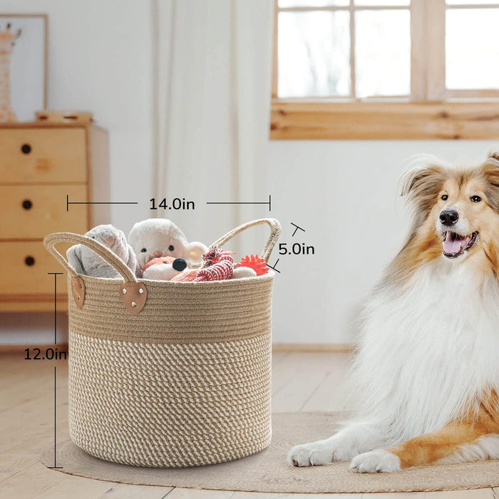 CHICVITA Large Wicker Jute Woven Storage Basket with Handles – Blanket Laundry Basket for Toys Towels Home Decor, White, 14" x 14" x 12"