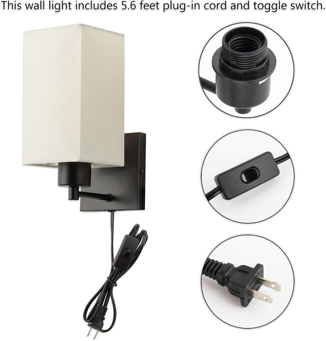 KOONTING Plug in Wall Sconce Set of 2, Rustic Wall Lamp with Plug-in Cord and On/Off Toggle Switch, Beige Fabric Shade Wall Light Fixture for Headboard Bedroom Living Room Hallway