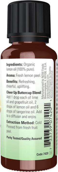 NOW Essential Oils, Organic Lemon Oil, Cheerful Aromatherapy Scent, Cold Pressed, 100% Pure, Vegan, Child Resistant Cap, 1-Ounce