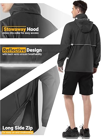 Outdoor Ventures Men's Rain Jacket Waterproof Lightweight Packable Rain Pullover for Hiking Golf Running