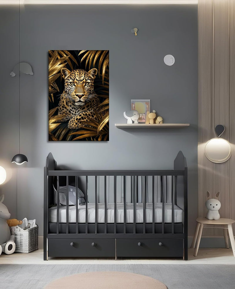 Leopard Canvas Wall Art Gold Leaves Picture Black Poster African Theme Jungle Animal Painting Prints for Living Room Bathroom Bedroom Modern Home Office Decor Framed(Leopard-3,16.00x24.00 inch)