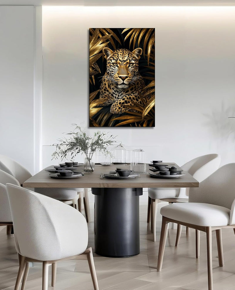 Leopard Canvas Wall Art Gold Leaves Picture Black Poster African Theme Jungle Animal Painting Prints for Living Room Bathroom Bedroom Modern Home Office Decor Framed(Leopard-3,16.00x24.00 inch)
