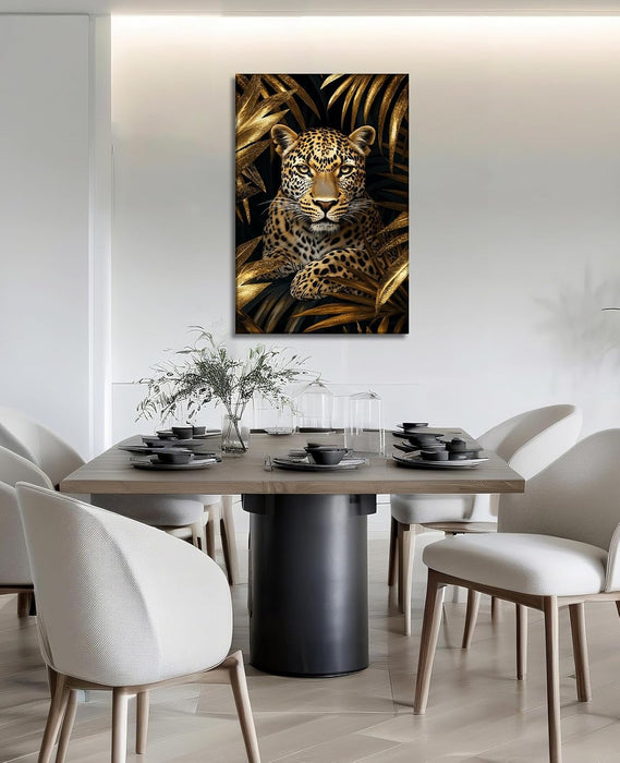 Leopard Canvas Wall Art Gold Leaves Picture Black Poster African Theme Jungle Animal Painting Prints for Living Room Bathroom Bedroom Modern Home Office Decor Framed(Leopard-3,16.00x24.00 inch)