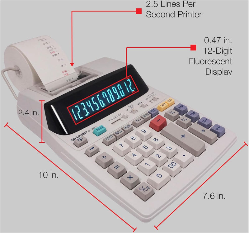 Sharp EL-1801V Ink Printing Calculator, 12-Digit LCD, AC Powered, Off-White, Ideal for Business & Office Use, Easy-to-Read Display & Durable Design
