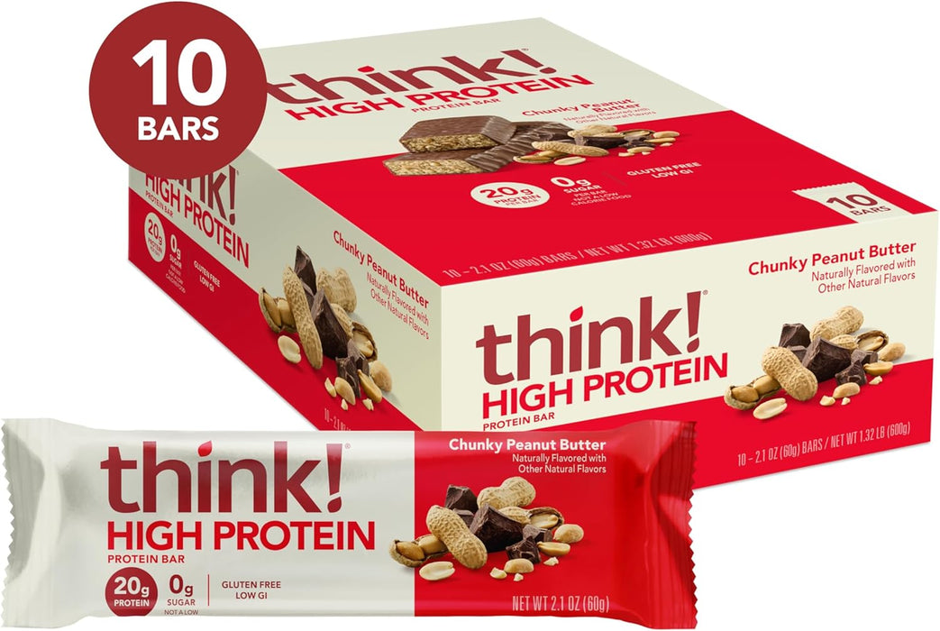 think! Protein Bars, High Protein Snacks, Gluten Free, Kosher Friendly, Chunky Peanut Butter, Nutrition Bars, 2.1 Oz per Bar, 10 Count