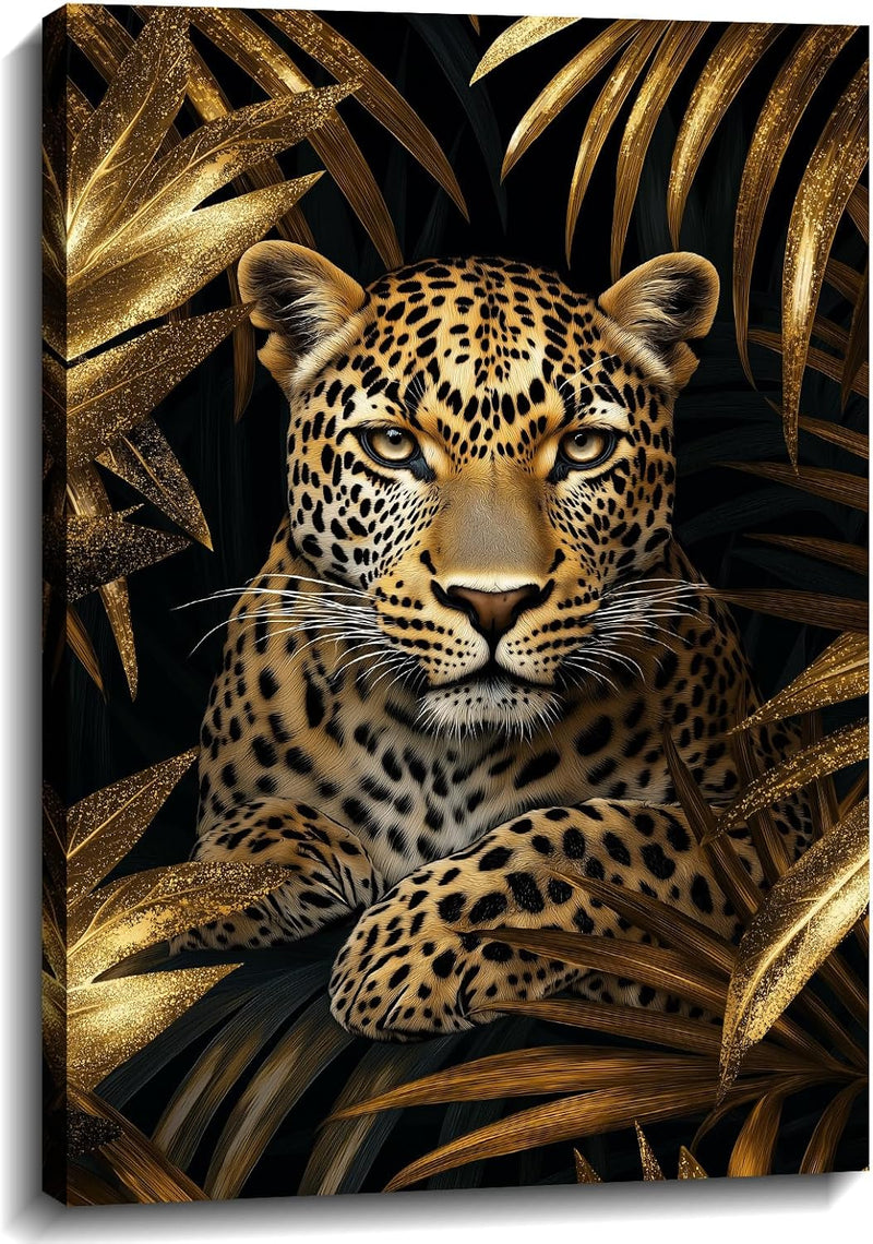 Leopard Canvas Wall Art Gold Leaves Picture Black Poster African Theme Jungle Animal Painting Prints for Living Room Bathroom Bedroom Modern Home Office Decor Framed(Leopard-3,16.00x24.00 inch)
