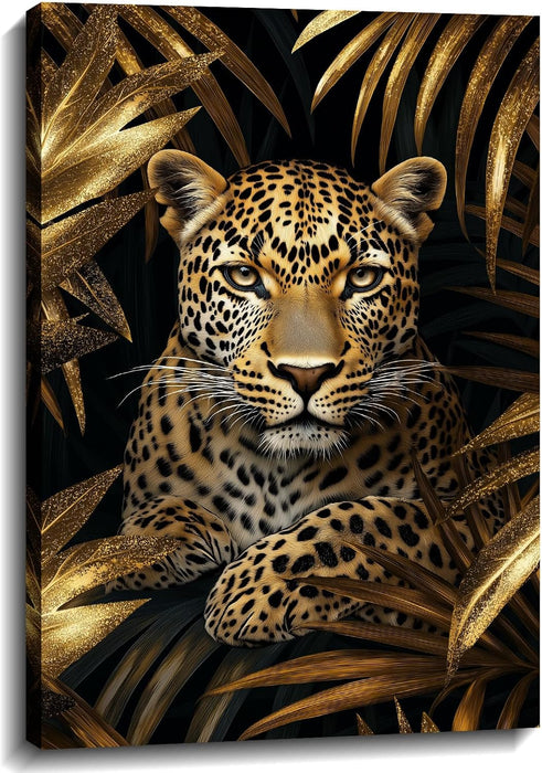 Leopard Canvas Wall Art Gold Leaves Picture Black Poster African Theme Jungle Animal Painting Prints for Living Room Bathroom Bedroom Modern Home Office Decor Framed(Leopard-3,16.00x24.00 inch)