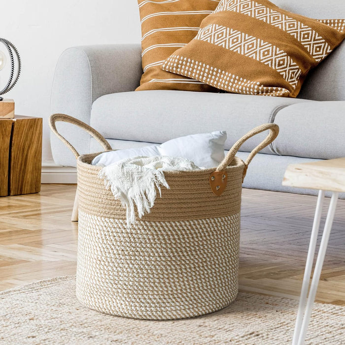 CHICVITA Large Wicker Jute Woven Storage Basket with Handles – Blanket Laundry Basket for Toys Towels Home Decor, White, 14" x 14" x 12"