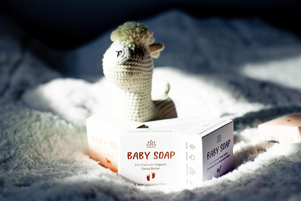 Relaxcation Unscented Baby Soap Bar - 4 Simple Ingredients - ORGANIC Coconut Oil, Olive and Castor Oil, and Moisturizing Cocoa Butter - All Natural Cold Process Soap Bar For Newborn, Baby, Kids