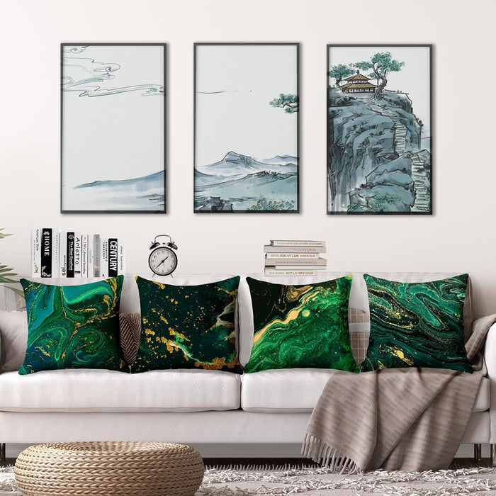 Green and Gold Marble Pillow Covers 18x18 inch Set of 4 Emerald Green Gold Pillow Cases Abstract Luxury Decorative Cushion Covers for Couch Sofa