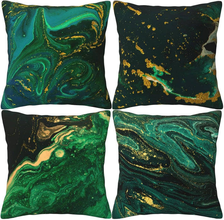 Green and Gold Marble Pillow Covers 18x18 inch Set of 4 Emerald Green Gold Pillow Cases Abstract Luxury Decorative Cushion Covers for Couch Sofa
