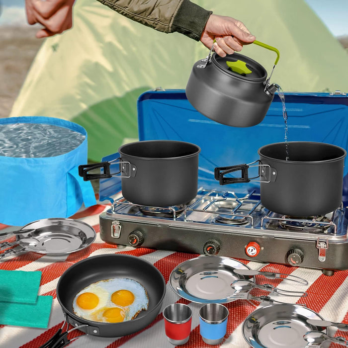 Odoland 29pcs Camping Cookware Mess Kit, Non-Stick Lightweight Pots Pan Kettle, Collapsible Water Container and Bucket, Stainless Steel Cups Plates Forks Knives Spoons for Outdoor Backpacking Picnic