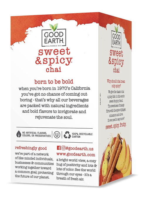 Good Earth Sweet & Spicy, Chai Black Tea, 18 Tea Bags (Pack of 6)