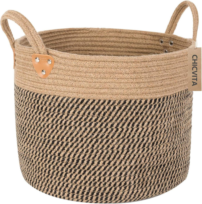CHICVITA Large Wicker Jute Woven Storage Basket with Handles – Blanket Laundry Basket for Toys Towels Home Decor, White, 14" x 14" x 12"