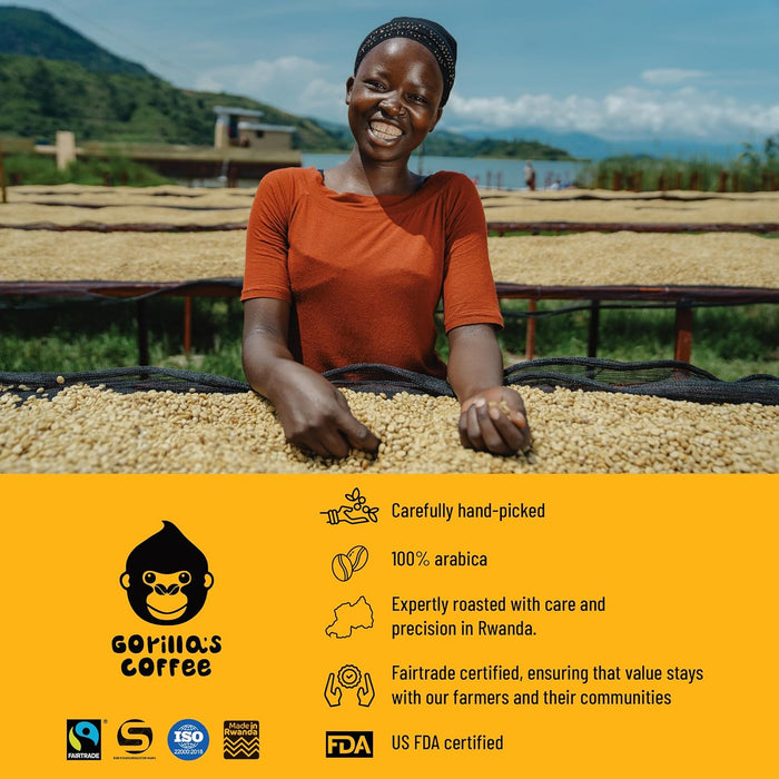 Gorilla's Coffee 100% Arabica - Dark Roast Whole Bean Coffee, Fair Trade, Full Bodied, with Notes of Dark Chocolate | Premium Rwandan Coffee | Rich, Flavorful, and Aromatic