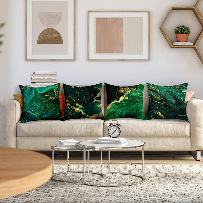 Green and Gold Marble Pillow Covers 18x18 inch Set of 4 Emerald Green Gold Pillow Cases Abstract Luxury Decorative Cushion Covers for Couch Sofa