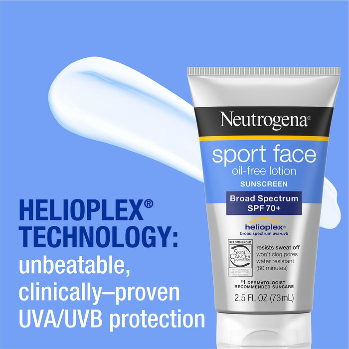 Protector solar facial Neutrogena Sport, bloqueador solar de amplio espectro FPS 70+ | Protector solar resistente al agua para el rostro