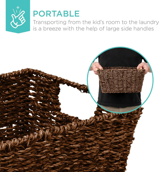 Best Choice Products Rustic Set Of 4 Multipurpose Stackable Seagrass Storage Basket, Handwoven Laundry Organizer Totes for Bedroom and Living Room, Shelves, Pantry w/Insert Handles - Brown