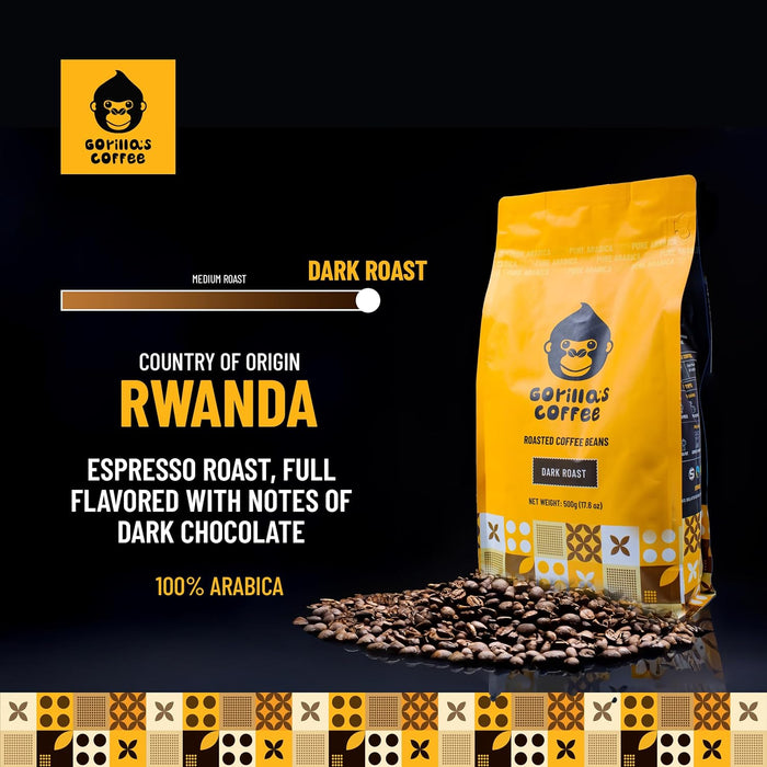 Gorilla's Coffee 100% Arabica - Dark Roast Whole Bean Coffee, Fair Trade, Full Bodied, with Notes of Dark Chocolate | Premium Rwandan Coffee | Rich, Flavorful, and Aromatic
