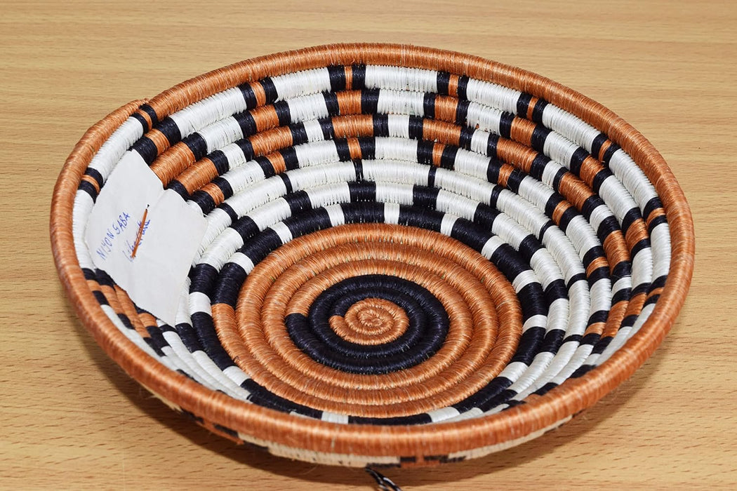 African Basket Rwanda - 8 Inches Diameter |Sisal, Sweetgrass Basket |Handmade From Africa -|Cinnamon Brown, Black, White