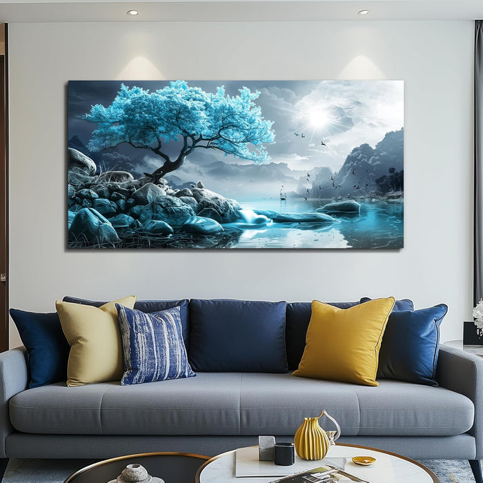 KELIYUAN Canvas Wall Art For Living Room Bedroom Wall Decor Black And White Landscape Pictures Blue Tree Wall Painting Modern Home Decoration For Room Office Works Framed Canvas Art Prints 20x40in