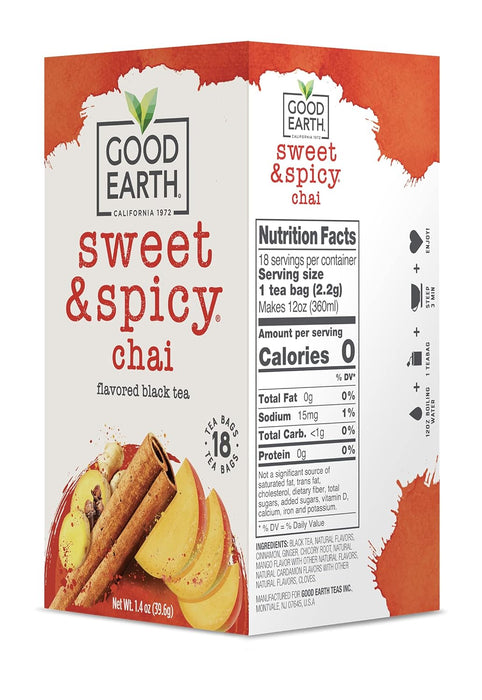 Good Earth Sweet & Spicy, Chai Black Tea, 18 Tea Bags (Pack of 6)